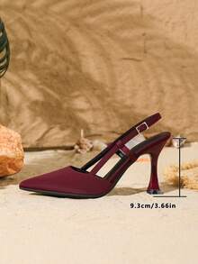 9cm Elegant Pointed Toe Adjustable Buckle Satin High Heel Pumps, Sexy Burgundy Kitten Heel Shoes, Versatile For Daily, Party, Valentine's Date, Ramadan/Chinese New Year Banquet, Work,Mothers Day Gift - Burgundy - View 5