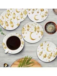 金色斋月 - 6 件套圆形木质杯垫，桌面保护垫，乔迁礼物，生日礼物，开斋节礼物，餐具保护垫，厨房用品，节日家居装饰，家居装饰 - 彩色 - 查看 4