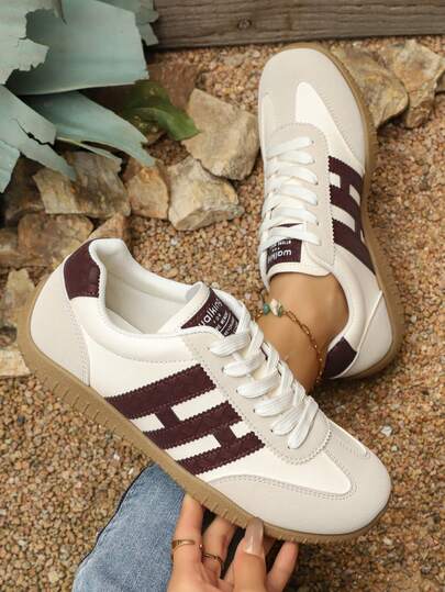 New Campus Style Retro Round Toe Colorblock Striped Lace-Up Casual Sneakers, Flat Vulcanized Shoes For Women