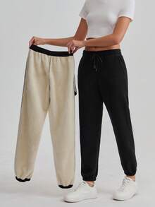 Women's Thermal Lined Thick Sweatpants - Solid Color, Autumn/Winter, Knit Fabric, Regular Style, Elastic Waistband With Drawstring, Suitable For Running And Casual Daily Wear - Black - View 11