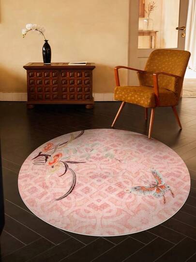 1pc Pink Butterfly Decorative Round Carpet, Zen-Style Elegant Round Rug Carpet For Living Room, Tea Room, With Tree Branch Pattern, Artistic Carpet For Home Decor, Suitable For Entryway, Staircase And Transition Spaces, Soft, Washable, For Living Room, Bedroom, Study Or Balcony; Room Decor, Party Decor, Holiday Gift; Washable, Modern Style Rug Carpet