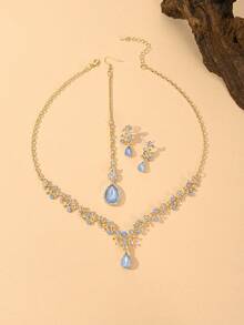 Sweet European And American Style Bridal Jewelry Set,Water Droplet With Flowers Design Pendant Hair Chain & Rhinestone & Necklace Set Suitable For Women's Party And Daily Wear,Festival Gift - Four-piece Set - View 3