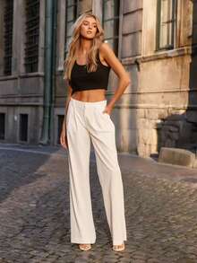White Wide Leg Pants With Pleated Front And Draping Effect