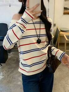 Women's Striped Casual Crew Neck Long Sleeve Top, Versatile For Commuting And Everyday Wear - Apricot - View 5