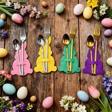 10pcs Hollow Heart Rabbit Shaped Tableware Set, Rabbit Shaped Cutlery Holder, Easter Decor Cutlery Bag, Dining Table Decor, Suitable For Restaurant, Party, Home Decoration, 5 Colors Rabbit Tableware Set - Multicolor - View 7