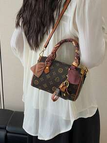 随机颜色和图案时尚围巾装饰优雅手提包，简约复古风格单肩托特包 - 彩色 - 查看 4