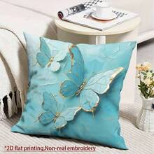 2D平面印花 - 1件装2D平面印花绿松石色和金色蝴蝶图案短绒枕套，尺寸18x18英寸/45x45厘米。这款非写实风格的枕套是一款柔软的装饰性毛绒靠垫套，适用于客厅沙发和卧室家居装饰。 - 彩色 - 查看 3
