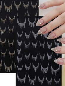 3D闪光法式条纹流苏美甲贴纸 银色金色全息闪亮法式线条美甲贴花 DIY美甲装饰 美甲用品 - 彩色 - 查看 1
