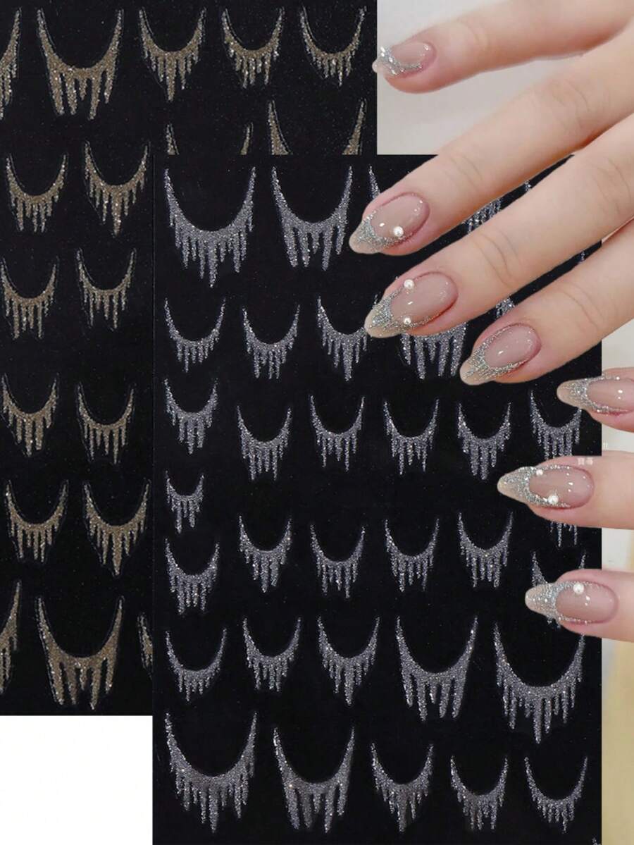 3D闪光法式条纹流苏美甲贴纸 银色金色全息闪亮法式线条美甲贴花 DIY美甲装饰 美甲用品 - 彩色 - 查看 1