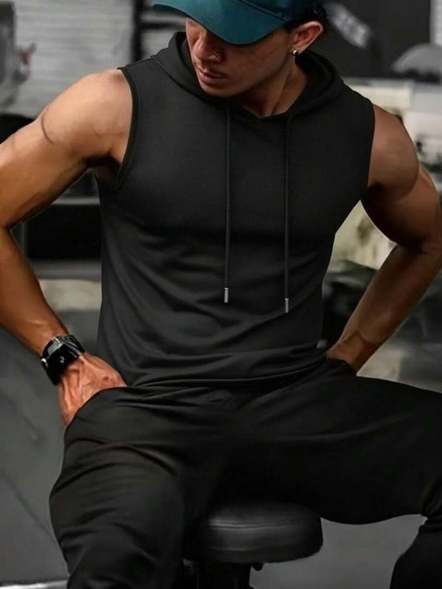 男士时尚连帽无袖T恤，适合日常穿着，四季皆宜 - 黑色 - 查看 1