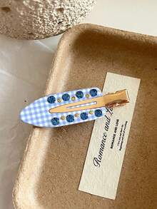 2/4pcs Pink And Blue Fresh Checkered Hair Clip With Rhinestone Embellishment, No Trace Clip, Hair Edge Clip Suitable For Women's Face Washing And Makeup, Already Worn Daily, Head Accessories, Party, Hair Accessories For Women, Claw Clips, Hair Slide, Hair Barrettes - Multicolor - View 6