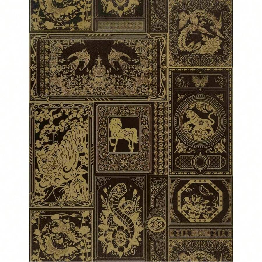 Abyssaly Black And Gold Wallpaper Retro Animals Peel And Stick Wallpaper Removable Waterproof Se- Adhesive Contact Paper For Countertop Cabinets Shel F Drawer Liner Covering 17.3\ X 78.7\ - 金色 - 查看 1