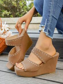 Solid Color Thick Sole Platform Sandals, Strap Super High Heel Matte Open Toe Wedge Sandals, Khaki Color, Wedge Shoes, Versatile Square Toe Studded Women Shoes - Khaki - View 2