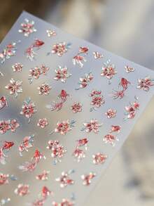 1 pieza Pegatinas de arte de uñas con borde de metal dorado, diseño de flores degradadas y carpa koi estilo chino, decoración exquisita para manicura - Multicolor - Ver 4