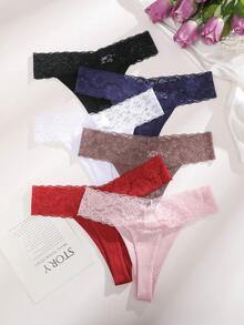 6pcs Romantic French Lace Trim Sexy Thong Panties, Valentine's Day Gift - Multicolor - View 3