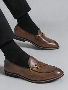 Luxury Retro Style Slip-On Loafers For Men, Elegant Gentleman Leather Shoes With Black Button Closure, Breathable Uppers, Non-Slip Durable Soles, Suitable For Casual, Business, Formal, Graduation Ceremony, Office, Party, Wedding, Spring/Summer/Autumn, Plus Size - Brown - View 9