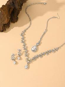 Sweet European And American Style Bridal Jewelry Set,Water Droplet With Flowers Design Pendant Hair Chain & Rhinestone & Necklace Set Suitable For Women's Party And Daily Wear,Festival Gift - Four-piece Set - View 4