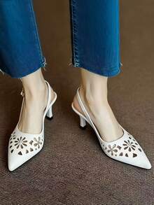 白色镂空花朵水钻搭扣尖头高跟鞋，透气专业工作鞋，无后跟凉鞋，春秋季 - 白色 - 查看 2