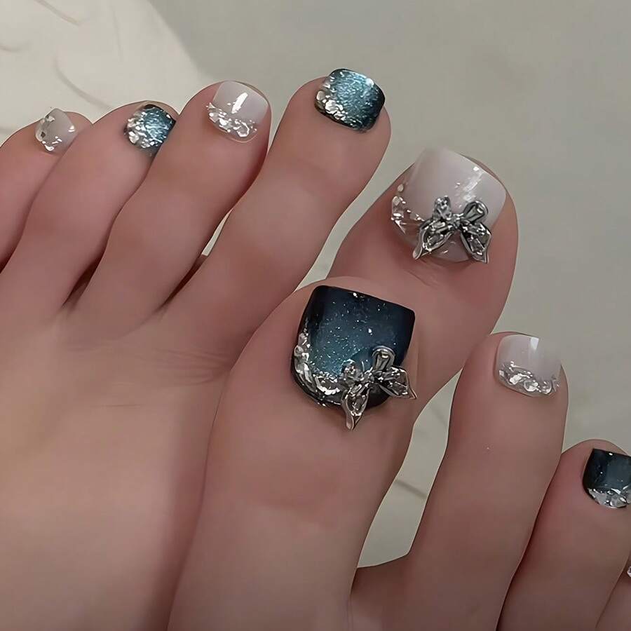 A Set Of 24 Shiny Artificial Toenails, Blue Tones, With Butterflies And Rhinestones, Reusable Women - 藍色蝴蝶閃耀鑽石 - 查看 1