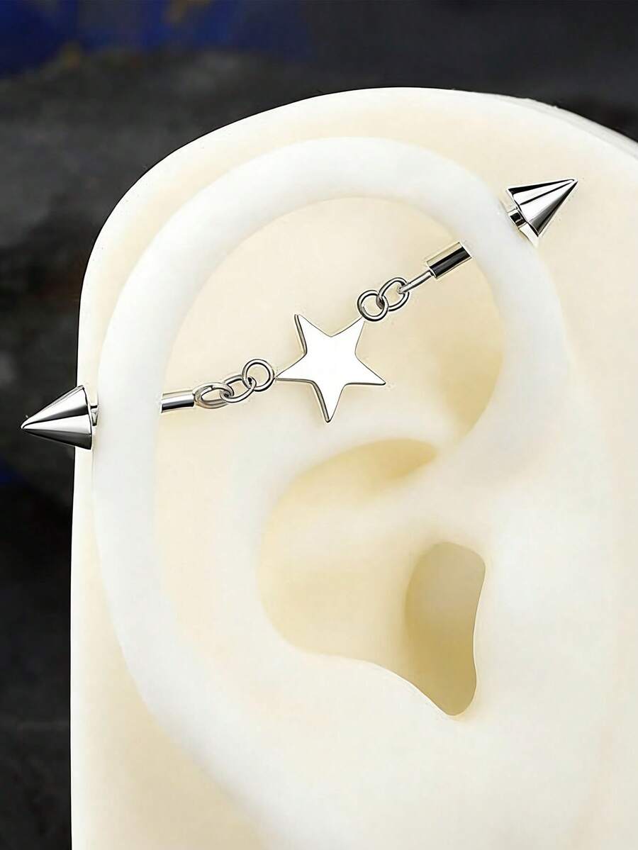1 pieza Barra de perforación industrial con estrella de punta flotante de acero inoxidable, pendiente de hélix, perforación de oreja, joyería corporal - Plateado - Ver 1