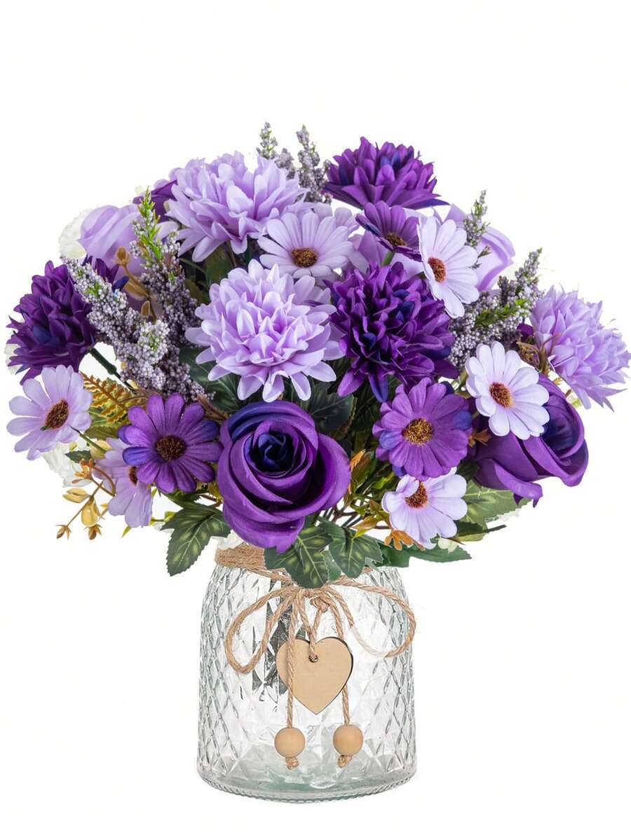 1/3 支 13.8 英寸人造丝菊花、玫瑰、雏菊，逼真花朵，情人节礼物，DIY 婚礼花束，派对，家居客厅、厨房、花园、酒店、办公室装饰，感恩节装饰，DIY 花环，礼品，桌面摆件，生日装饰，室内外装饰，散装仿真塑料花，花瓶装饰，农舍家居装饰，波西米亚风婚礼 - 紫色 - 查看 1