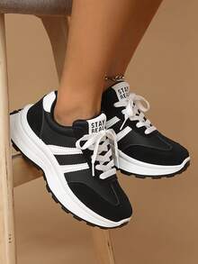 女士圆头系带厚底学生休闲舒适跑步运动鞋 - 黑色 - 查看 3