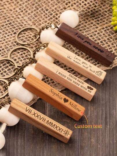 1 pieza Llavero rectangular de madera de haya personalizado y creativo, llavero de madera, colgante de etiqueta de llave personalizado