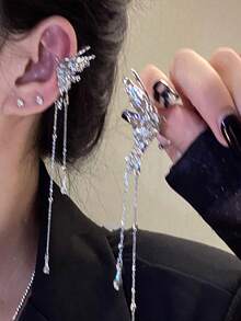 Elegant Butterfly Tassel Ear Cuff For Women, Clip-On No Pierced Earring, High-End, Soft Wind Tassel Ear Accessories (Handmade Tassel Chain, Slight Variation Of Bead Spacing) - Silver - View 2