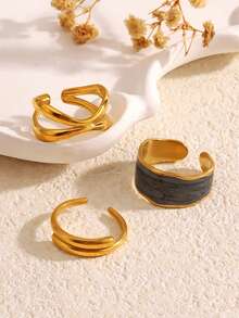 3pcs/Set Stainless Steel 18K Gold Plated Geometric Black Drip Oil Line Ring Set, Suitable For Women Everyday Wear