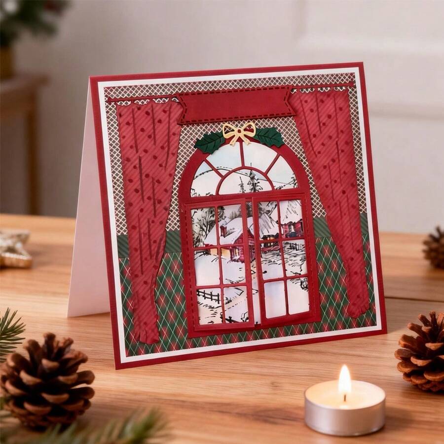 创意窗户金属切割模具，DIY剪贴簿相册和压花模板，贺卡制作工具，卡片纸切割工艺品，礼品卡制作模板模切。