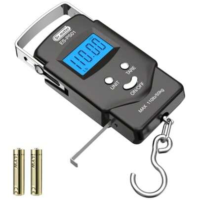 Fish Scale 110lb/50kg Backlit LCD Display Digital Scale With Built-In Measuring Tape - Electronic Fishing Postal Hanging Hook Scale With 2 AAA Batteries Pocket Size