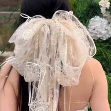 Bridal Hair Accessories Lace Bow Ribbon Hairpin, Champagne French Style Headpiece For Wedding Dress - Beige - View 2