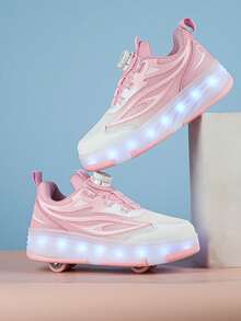 儿童/青少年四轮滑冰鞋，男女童四轮滑冰鞋，小型四轮滑冰鞋，LED可充电发光鞋 - 粉色 - 查看 8