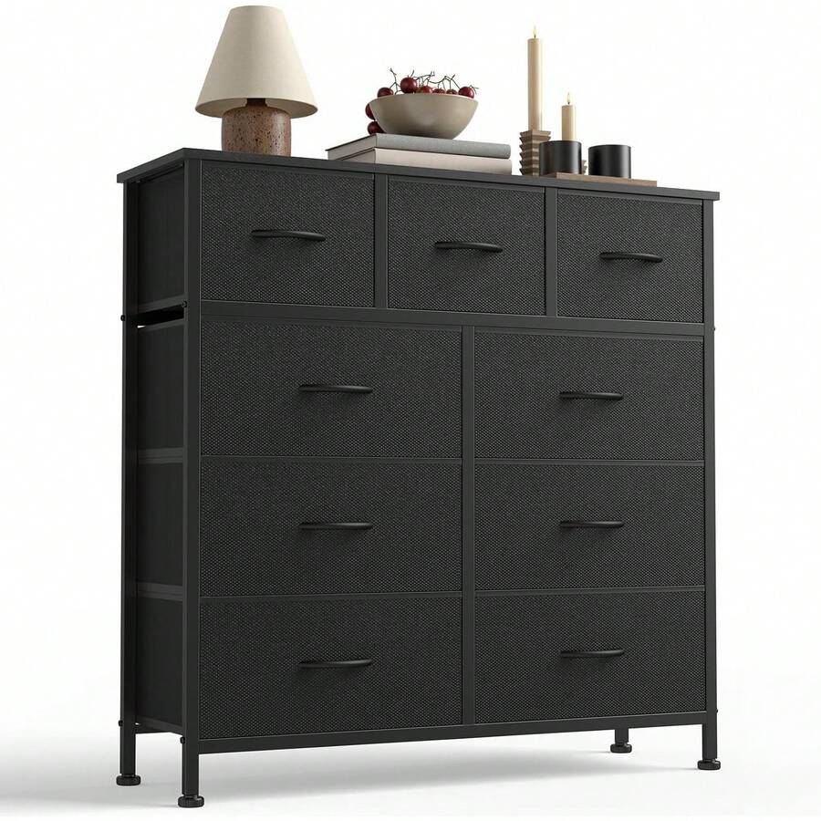 Sweetcrispy 9 Tall Fabric Clothes Cabinet Storage Organizers And Wood Top Surface Table Chest Of Drawers, 9 Drawer Dresser,Grids Grid Cabinet  Fabric Storage Tower For Bedroom, Hallway, Entryway, Closet, Tall Chest Organizer Unit With Fabric Bins, Steel Frame, Wood Top, Easy Pull Handle, Charcoal - 黑色 - 查看 1