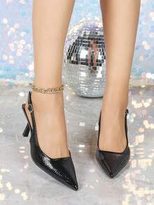 7cm Black High Heel Pumps, Pointed Toe Party Heels, Formal Slingback Pointed Toe Sandals - Black - View 4