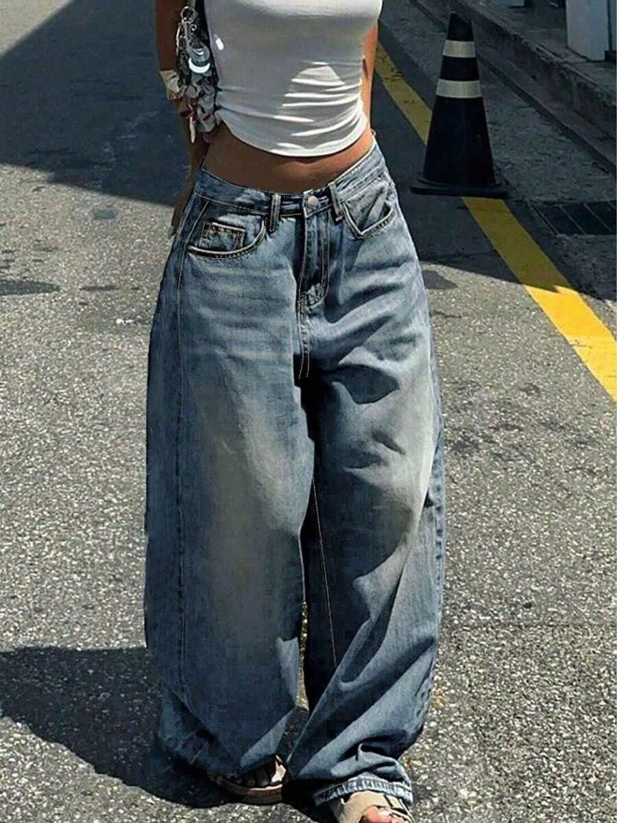 Must-Have Women's High Waisted Baggy Jeans | Vintage Washed Black/Light Blue Denim | Oversized Y2K Streetwear | Winter Casual Loose-Fit Pants | Versatile Layering Bottoms - 藍色 - 查看 1
