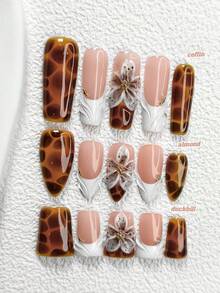 10 pièces Autocollants pour ongles d'automne/hiver, style français minimaliste, décoration de fleurs artificielles, options marron et blanc, 3 tailles : amande, carré, bec de canard, outils inclus (1 pièce autocollant en gelée + 1 pièce lime à ongles), convient aux femmes et aux filles, accessoires pour ongles d'automne/hiver, fête, port quotidien - Multicolore - Voir 1