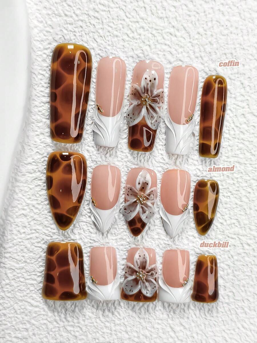 10 pièces Autocollants pour ongles d'automne/hiver, style français minimaliste, décoration de fleurs artificielles, options marron et blanc, 3 tailles : amande, carré, bec de canard, outils inclus (1 pièce autocollant en gelée + 1 pièce lime à ongles), convient aux femmes et aux filles, accessoires pour ongles d'automne/hiver, fête, port quotidien - Multicolore - Voir 1