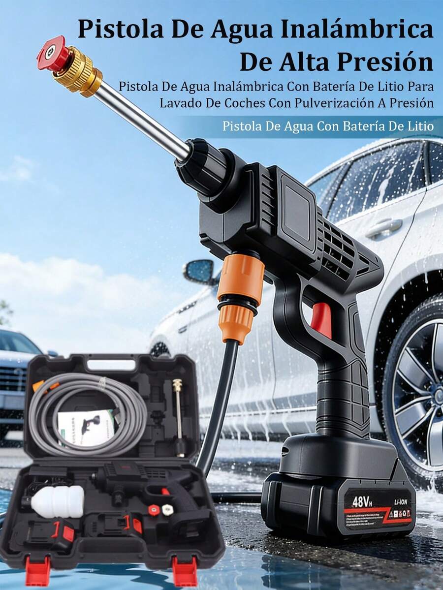 48V Pistola de Lavado de Alta Presión Portátil, Motor de Cobre Puro, Lavadora A Presión EléCtrica InaláMbrica Pistola, Hidrolavadora con Manguera 5m,para Lavar Coches,Pisos,Riego de Jardín