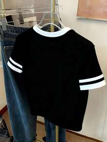 Women's Fashion Summer Colorblock Striped Loose Short Sleeve T-Shirt, Stylish Printed Pattern Casual Round Neck Blouse - Black and White - View 2