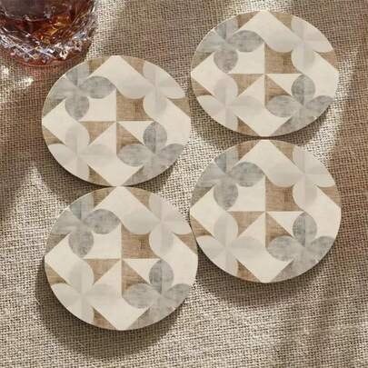 4pcs Round Wooden Coasters With White And Gray Floral Patterns - Holiday Coaster Set Suitable For Living Room, Office, Kitchen, Coffee Table, Great For Christmas Party Gifts And Decorations, Size: 4 Inches/10 Cm, Ideal For Holidays, 1 Set Of 4, 300 Sets Of 1200 Pieces