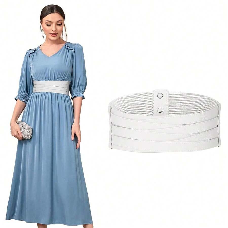 SUOSDEY Women Faux Leather Braided Waist Belt For Dress Elastic Stretch Belt For Ladies Wide Waist Belt For Women,Suitableforwaistsize30-35inch,07-White - 07-白色 - 查看 1