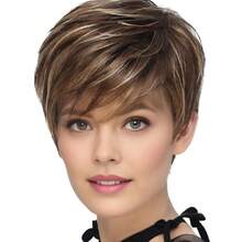 Pixie Cut Brown Short Hair Wigs For White Women With Bangs Brown Mixed Blonde Highs Layered Natural Looking Synthetic Hair Replacement Wigs For Daily Party Use,38548488 - 棕色 - 查看 1