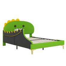 Children's Bed 140 X 200 Cm, Dinosaur Pattern, Flat Bed, Polyurethane, Green - Green + PU - View 11