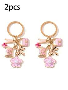 1pc Cute Round Metal Love Theme Keychain With Golden Bow, Pink High Heel, And Camellia Flower Decor, Perfect Wedding Holiday Gift Or Ideal Accessory For Women Handbag, Keychain, Unique Phone Charm - Multicolor - View 13