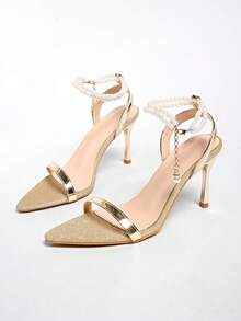 European & American Style Rhinestone Buckle Stiletto Heel Open Toe Sandals For Women - Gold - View 4
