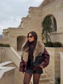 女士时尚复古人造毛皮双面外套，保暖舒适，女士冬季度假外套 - 酒紅色 - 查看 4