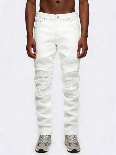 Pantalones de Denim Ripped con Patch Rosa para Hombres 2026 Nuevos Llegados Leg de Recto Trousers Casuales Stock Listo