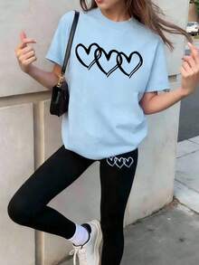 Set de 2 piezas de camiseta de manga corta con estampado de corazón dulce y lindo, y leggings para niñas. Suave y cómodo, adecuado para primavera y verano - Multicolor - Ver 1