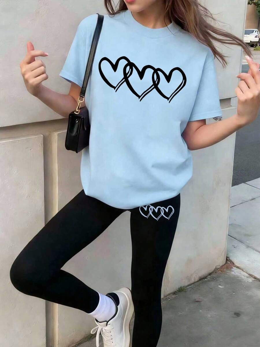 Set de 2 piezas de camiseta de manga corta con estampado de corazón dulce y lindo, y leggings para niñas. Suave y cómodo, adecuado para primavera y verano - Multicolor - Ver 1